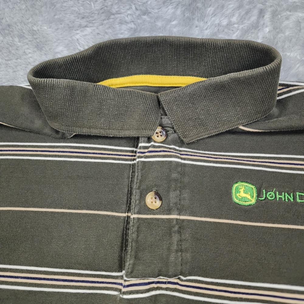 John Deere Polo Shirt Mens Medium Green Striped Embroidered Logo‎ Casual Cotton - Picture 3 of 13